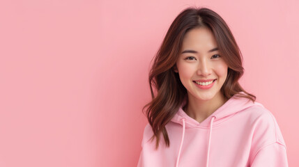 Fototapeta premium Im unable to identify person image. However, I can help you create description and keywords based content.A smiling woman pink hoodie against pink