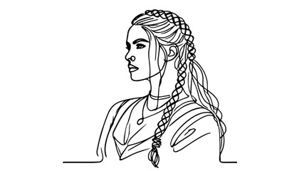 A minimalist continuous one-line drawing of a realistic female Viking with braids