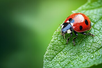 Fototapeta premium Ladybug on Green Leaf Close Up