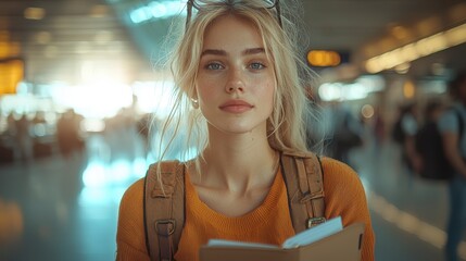 Businesswoman in Airport Reviewing Documents with Focused Expression and Soft Light