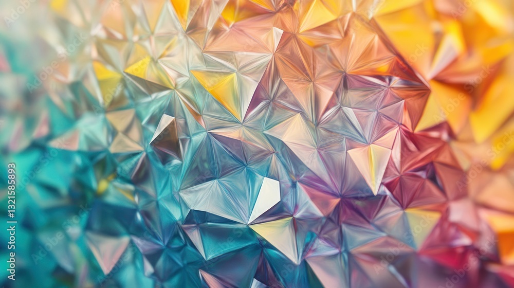 Poster abstract background with colorful low-poly triangles, a gradient of light colors, and a grainy textu