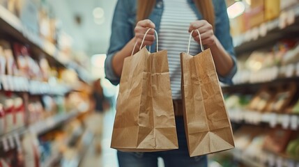 Woman holding paper bags in grocery store