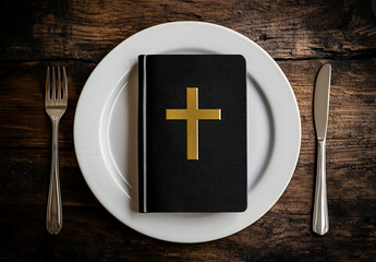 Holy Bible placed on a dinner plate with a fork and knife, symbolic representation of spiritual nourishment and religious devotion