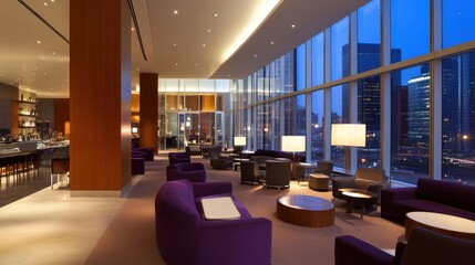 Luxurious Hotel Lobby with City Views and Sophisticated Lounge Seating