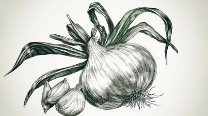 Intricate Botanical Illustration of Onion and Garlic