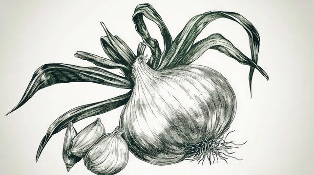 Intricate Botanical Illustration of Onion and Garlic
