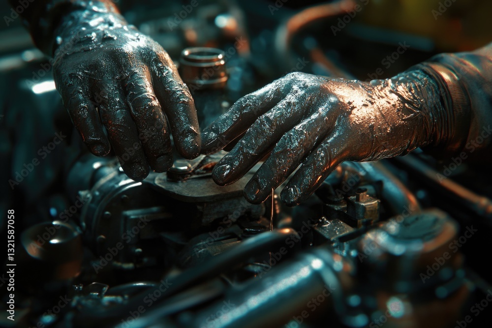 Poster close-up view of hands working on a motorcycle engine, highlighting the details and mechanics