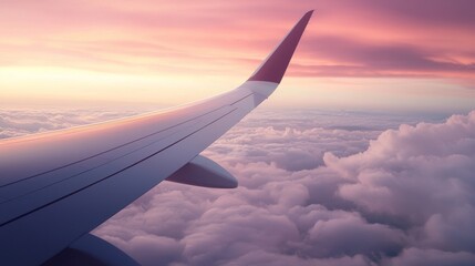 Obraz premium Airplane wing above clouds at sunset with vibrant colors.