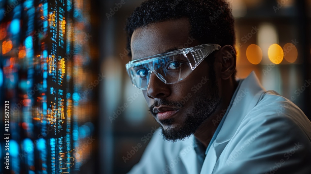 Fototapete A researcher engages deeply with quantum mechanics phenomena such as superposition and entanglement while analyzing data in a high-tech lab. The atmosphere is energetic and focused.