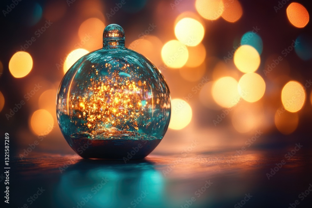 Poster a glass ball with a warm glow sitting on a table, perfect for use in still life compositions or as a