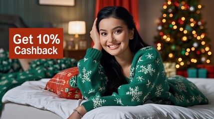 Woman in Christmas sweater relaxing on bed, Christmas tree in background, cashback offer