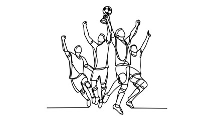 soccer players team celebrating championship victory one line drawing