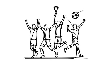 minimalist continuous one line drawing illustration of a soccer players celebrating championship victory