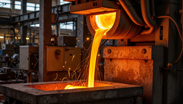 Glowing molten copper pouring into casting mold, industrial artistry
