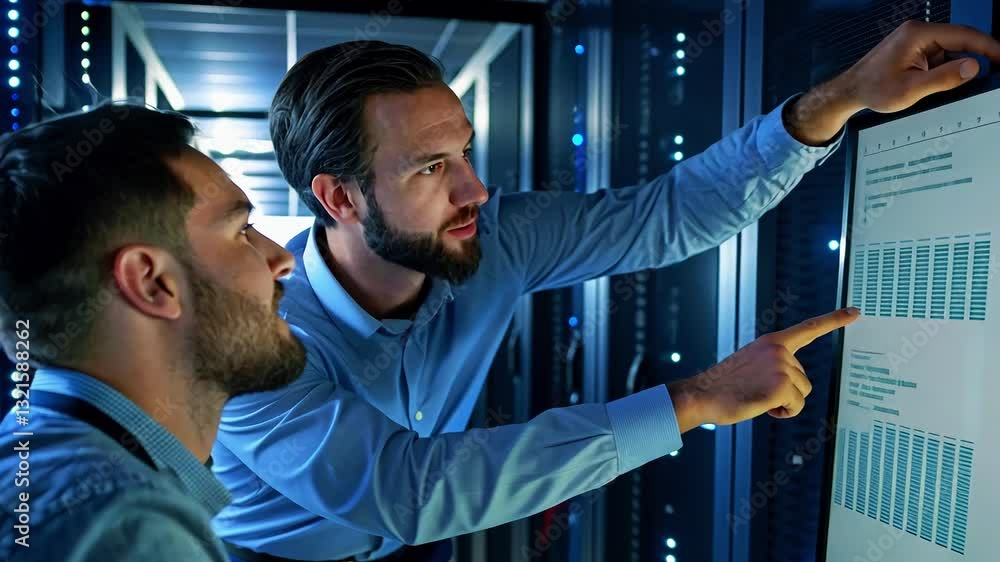 Aufkleber two professionals analyzing data on a screen in a server room, discussing trends and metrics