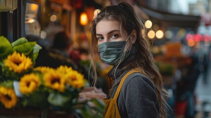 Woman in face mask at flower market, looking at camera