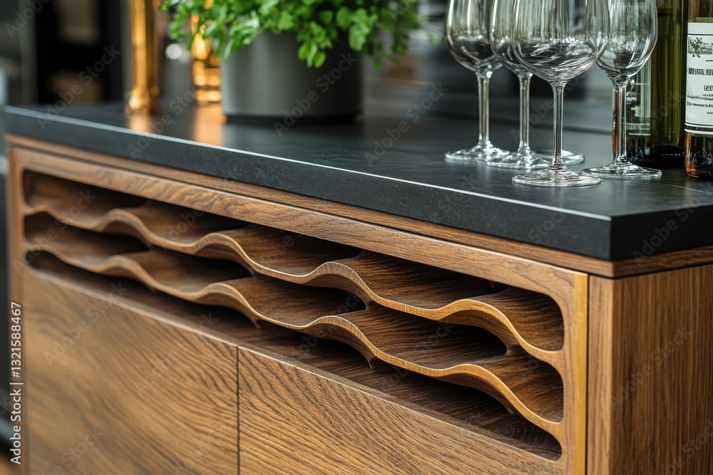 Poster elegant wooden cabinet with unique wave-patterned wine storage topped with dark stone adding sophist