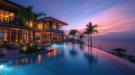 Obraz premium Luxury Villa Oasis at Sunset Overlooking the Ocean with Infinity Pool