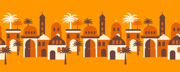 Eid Mubarak, Ramadan Kareem holiday concept middle eastern, islamic old city or oriental traditional village scene border horizontal seamless pattern