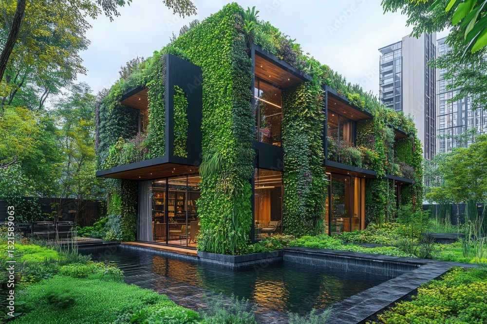 Poster modern building with walls covered in vegetation the structure blends nature with contemporary archi