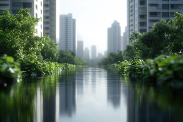 Fototapeta premium Urban landscape transformed by greenery, reflecting nature's res