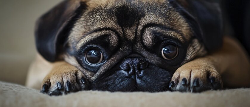 Professional photo of a grumpy pug with a very sad face for commercial use