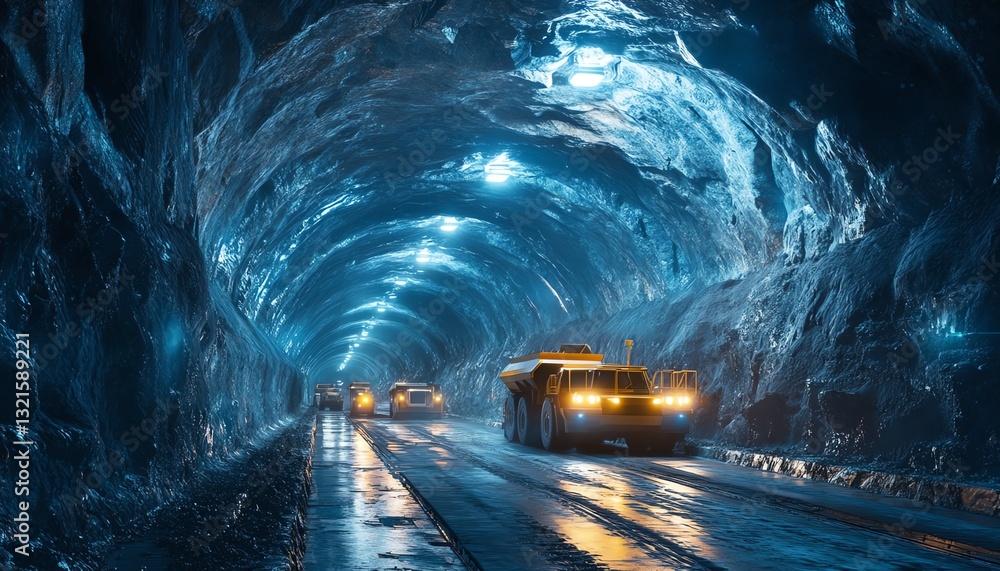 Poster autonomous vehicles navigating a hightech digital mining tunnel, showcasing cuttingedge robotics, di