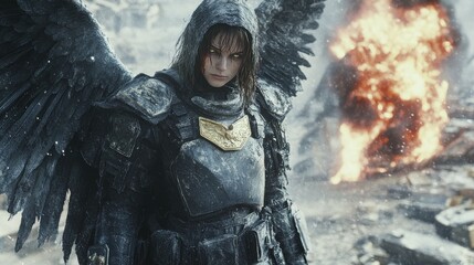 A winged warrior stands amidst a fiery battlefield, snow falling around her.  Her armor is weathered, her expression determined.