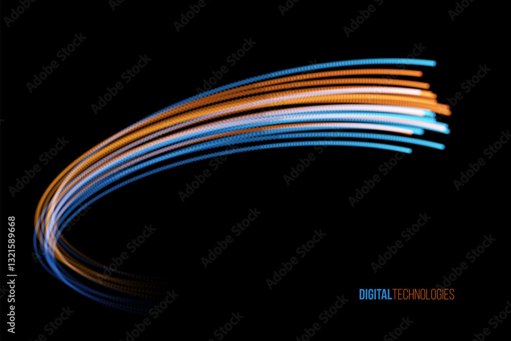 Poster digital data flow abstract background with curved blue and orange light trails on black background. 