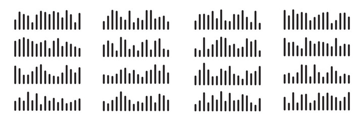 Sound waves set. Music audio frequency, voice waveform, electronic radio signal, volume level, track symbol. Various noise pulses black lines isolated on transparent. Abstract vector background.