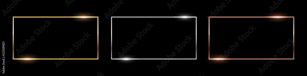 Poster gold, silver and bronze rectangle thin frames. horizontal metal photo or picture frames isolated on 