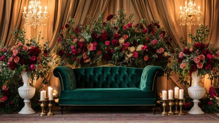 Fototapeta premium Elegant Teal Velvet Couch Decorated with Red and Pink Flowers
