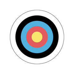 Target icon. Classic archery target with concentric blue, red, yellow, black and white rings. Vector illustration.
