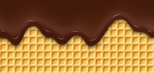 Waffle with chocolate melted seamless background. Golden wafer with square grid pattern, topped with glossy chocolate glaze dripping down. Sweet crispy dessert backdrop. Realistic vector illustration.
