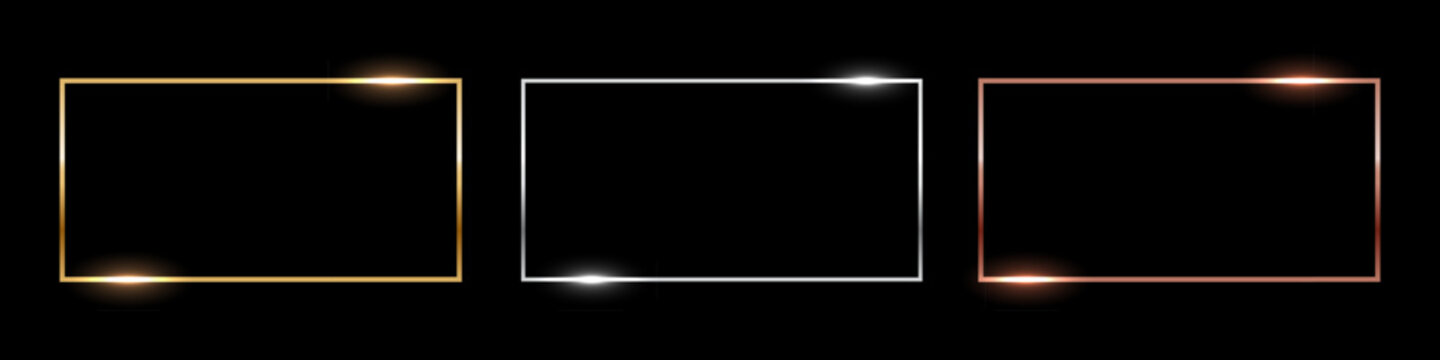 Gold, silver and bronze rectangle thin frames. Horizontal metal photo or picture frames isolated on black background. Simple object mockup. 3d realistic empty template vector illustration set.