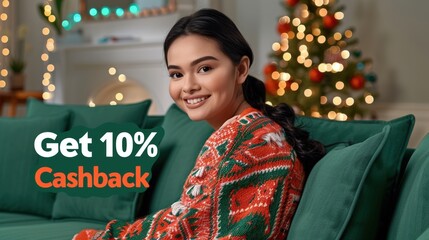 Woman in festive sweater, Christmas living room, 10% cashback offer