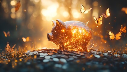 Exploding piggy bank in a surreal setting, coins turning into butterflies, metaphor for economic rebirth and relief, soft glowing light, dreamlike aesthetic, ultraHD