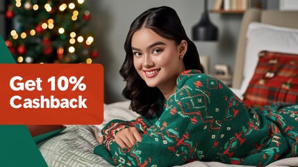 Woman in green sweater, cash back offer, Christmas bedroom