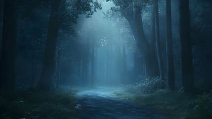 Fototapeta premium Enchanting woodland path at twilight evokes tranquility and sense of mystery exploration