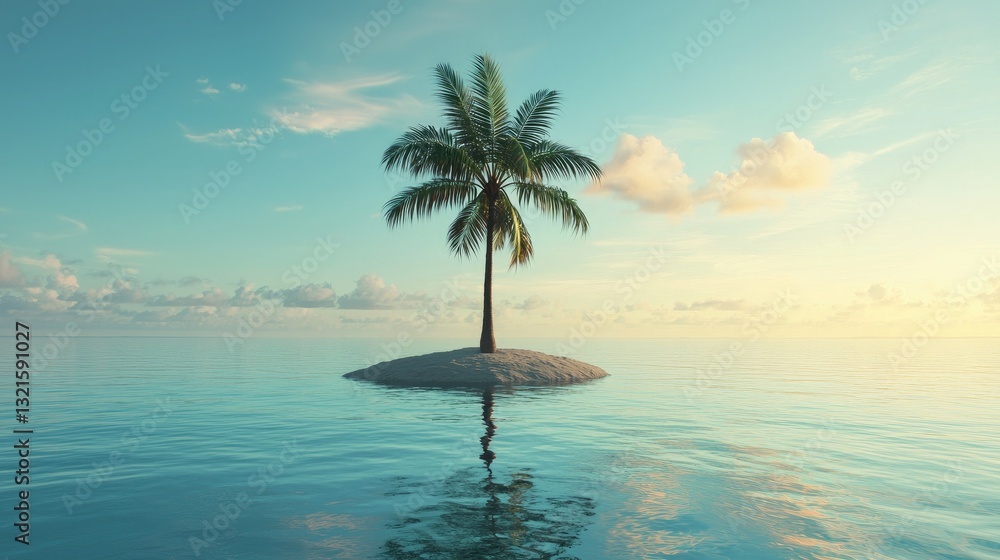 Poster A single tall palm tree standing on a small island in the middle of the ocean 