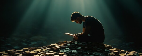 Individual sitting on a coin pile, writing financial plans, symbolizing credit counseling and money management, peaceful reflection, soft lighting, ultraHD