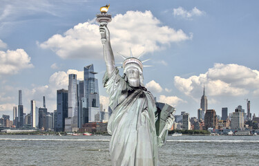 statue of liberty in front of new york city skyline composite photo (lady liberty freedom symbol...