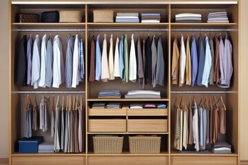 A neatly organized multi section closet with storage baskets