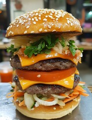 Delicious Hamburger with Fresh Vegetables for Healthy Eating Concept