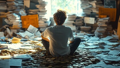 Person sitting on a pile of coins, surrounded by financial papers, deep in financial reflection and credit counseling, professional office setting, ultrarealistic, 8K