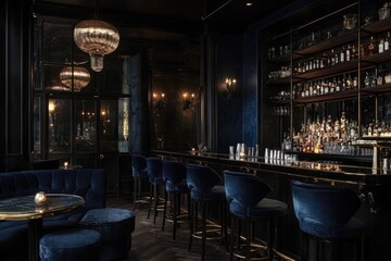 A moody speakeasy style bar with dark walls, velvet barstools, and vintage cocktail glassware