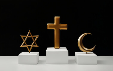 Religious symbols of Christianity, Islam, and Judaism displayed on white pedestals, interfaith concept of religious diversity and unity