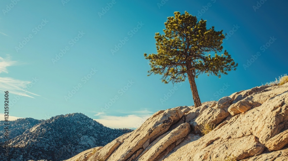 Poster a single pine tree standing tall on a rocky mountainside with a clear sky.