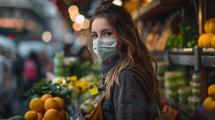 Woman in protective mask at produce market, city background