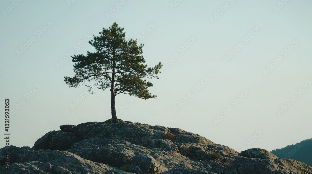 Poster a single pine tree standing tall on a rocky mountainside with a clear sky.